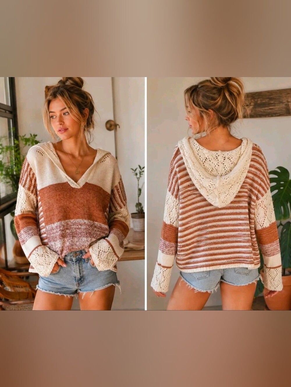 BKE Striped V-Neck Hooded Sweater in Cream and Brown